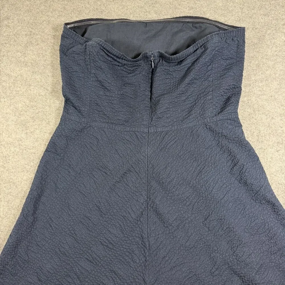 J.Crew Strapless Dress Womens 8 Navy Cotton Seersucker Sweetheart Midi Flare